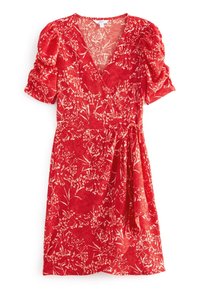 Robe portefeuille rouge à manches bouffantes, ornée de motifs floraux blancs. Fabriquée en tissu texturé. Comprend une ceinture à nouer à la taille.