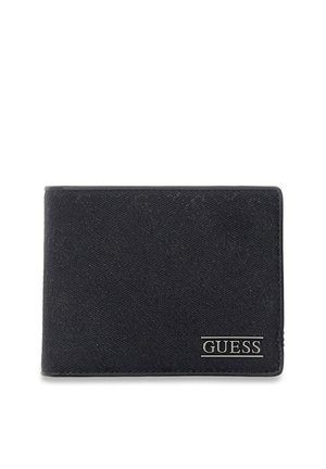 Zwart, gestructureerd bi-fold portemonnee met subtiel logopatroon en zilveren metalen "GUESS" merkplaatje rechtsonder.