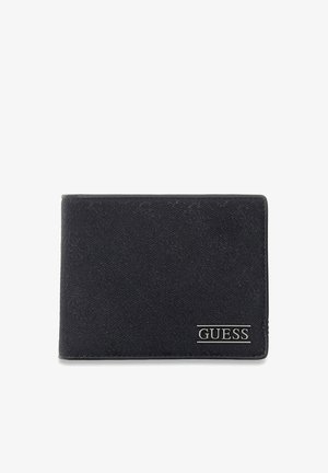 Portefeuille bifold noir texturé avec motif de logo subtil et étiquette en métal argenté "GUESS" dans le coin inférieur droit.