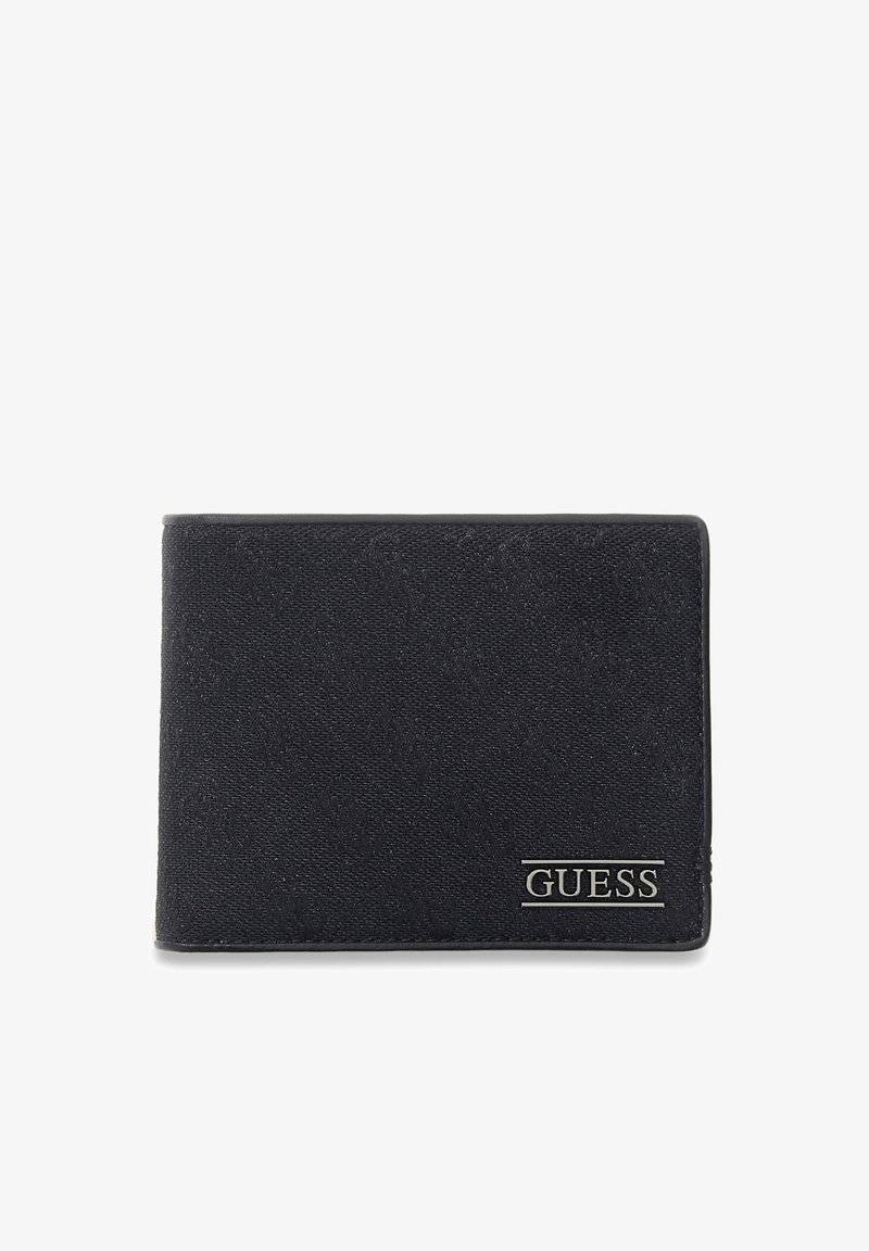 Portefeuille bifold noir texturé avec motif de logo subtil et étiquette en métal argenté "GUESS" dans le coin inférieur droit.