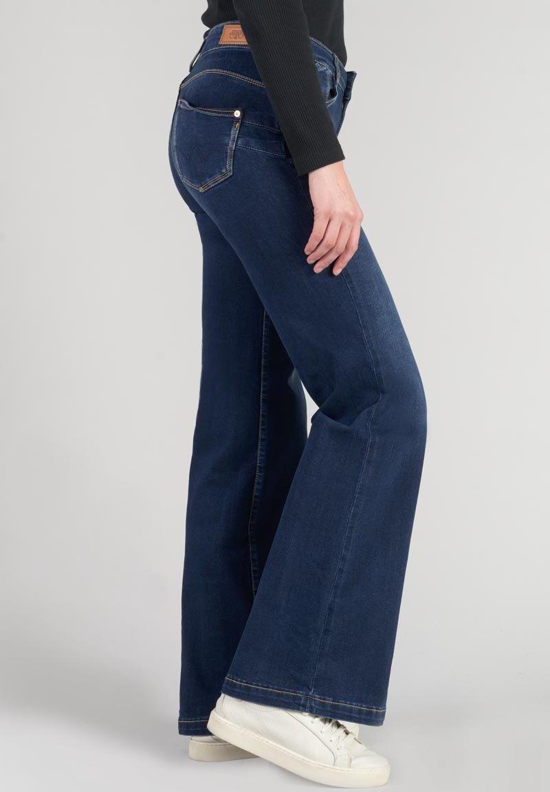 Jeans Flare Vintage Bleu Le Temps Des Cerises - Coupe évasée, Toile Italienne Stretch, Bouton Turquoise