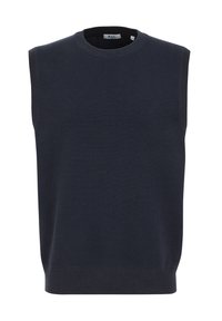 Tamno plavi bezrukavnik s posadinskim izrezom, rebrastim rubovima i glatkom teksturom, napravljen od mekog materijala.