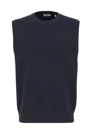 Maglione senza maniche blu navy con scollo a girocollo, orli a coste e una trama liscia, realizzato in tessuto morbido.