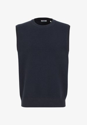 Granatowy bezrękawnik z okrągłym dekoltem, prążkowanymi brzegami i gładką fakturą, wykonany z miękkiego materiału.