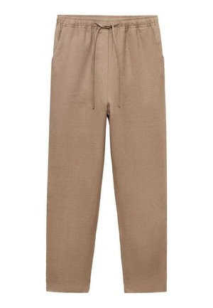 Lysbrune bukser i en blanding af hør med elastisk talje og snøre lukning. Lige ben design med sidelommer. Glat tekstur.