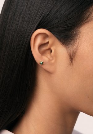 Pendiente de stud en forma de tortuga dorada con una piedra verde en el centro y cuatro pequeños acentos dorados. Visible en un primer plano en la oreja.