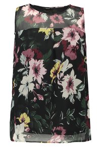 Sleeveless top, featuring a black base with vibrant floral patterns in pink, white, yellow, and green; lightweight, slightly sheer material.