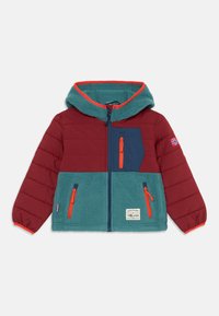 Red and teal hooded jacket with fleece lining, zippered pockets, panel design, and orange accents. Features a small logo and Norwegian flag detail.