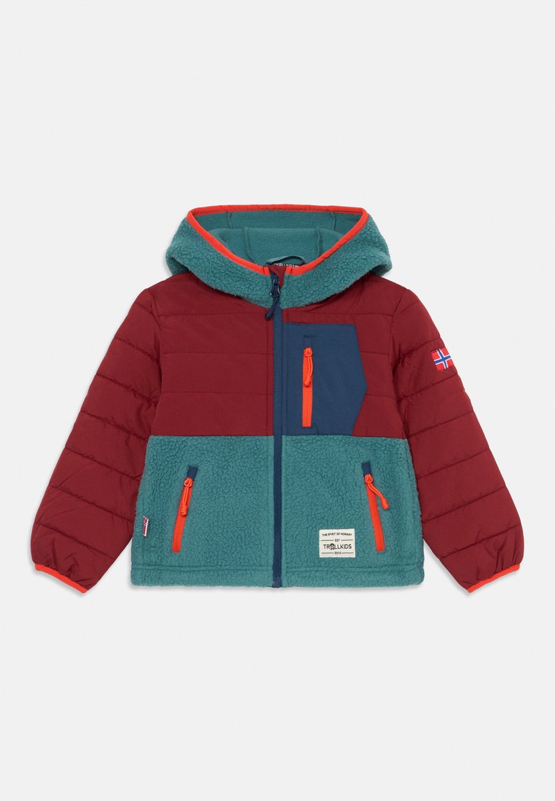 Red and teal hooded jacket with fleece lining, zippered pockets, panel design, and orange accents. Features a small logo and Norwegian flag detail.