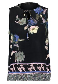Débardeur satin noir sans manches avec un motif floral en bleu, rose et vert. Il présente un décolleté en forme de clé avec une attache et des détails de bordure superposés.