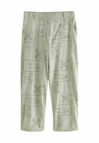 Pantalons courts vert clair avec des motifs en découpes œillet, plusieurs poches, une coupe décontractée et une texture lisse.
