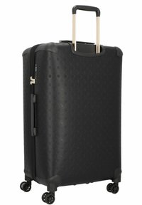 Valise rigide noire avec un motif texturé, poignée rétractable en métal argenté et quatre roues noires pour une mobilité fluide.