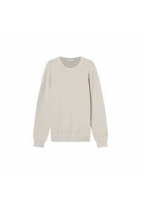 Jasno beżowy sweter z okrągłym dekoltem, długimi rękawami, żebrowanymi mankietami i dołem. Wykonany z miękkiej dzianiny o gładkiej strukturze i minimalnych detalach.