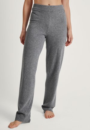 Grau gestrickte Lounge-Hosen mit elastischem Bund, weitem Bein-Design und gerippten Bündchen, aus weichem, gemütlichem Stoff.