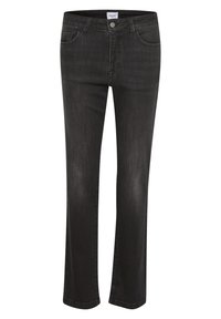 Jeans de denim preto com design de perna reta, bolsos frontais e um fecho clássico com botão e zíper. Apresenta um desbotamento e costura mínimos.