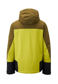 Giacca color-block in un vivace giallo, marrone e nero. Presenta un cappuccio, senza hardware visibile, e una texture liscia e opaca.