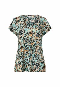 Kortärmad topp i lätt material med ett mönster av teal, svart och orange löv. V-ringning och en lös silhuett.