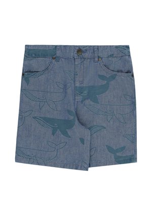 Pantaloncini in denim con motivo di balena blu, dotati di tasche frontali, passanti per cintura e chiusura con bottone.