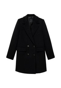 Manteau en laine noir à double boutonnage avec revers crantés, manches longues et deux poches avant à rabat, présenté sur fond blanc.