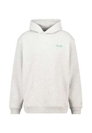 Gray hoodie made of soft fabric, featuring a front pocket, drawstring hood, and green "NEW YORK" text on the left chest area.