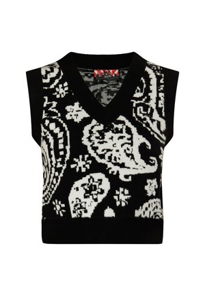 Fekete-fehér, ujjatlan kötött pulóver V-nyakkal, paisley mintával és bordázott szélekkel. Kötött anyagból készült, texturált felülettel.