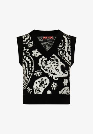 Fekete-fehér, ujjatlan kötött pulóver V-nyakkal, paisley mintával és bordázott szélekkel. Kötött anyagból készült, texturált felülettel.