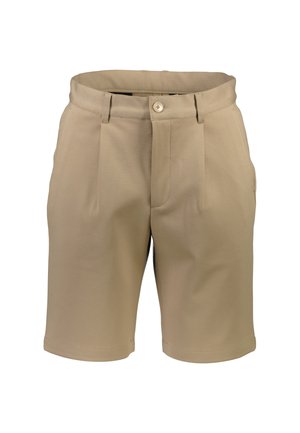 Beige shorts with a smooth texture, featuring a straight cut, two front pleats, and a single button closure at the waistband.