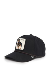 Black baseball cap featuring a stitched Rottweiler patch with "ALPHA" text, and a brown trim along the brim. Cotton material, structured shape.