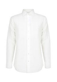 Biała bawełniana koszula z długim rękawem, z klasycznym kołnierzykiem, zapięciem na guziki i zaokrąglonym dołem; gładka faktura bez wzorów.