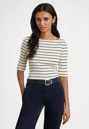 STRIPED STRETCH COTTON BOATNECK TEE - Tričko s potlačou - mascarpone cream/lauren navy