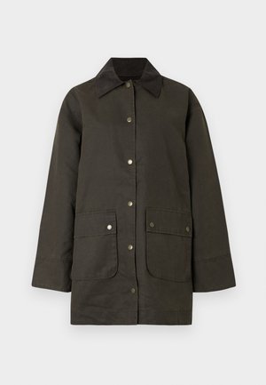 Tume-roheline veekindel jope manžeti kraega, klõpsude, kahe esitasku ja lõdva lõikega. Sile tekstuur ja keskmise reie pikkus.