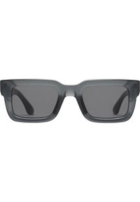 Ochelari de soare pătrați cu un cadru din plastic gri mat și lentile întunecate. Designul include brațe lăturalnice late și un pod ușor ridicat.