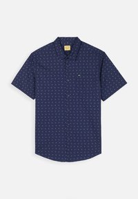 Chemise à manches courtes avec boutons en bleu marine foncé, ornée d'un motif de petits triangles bleus et d'une poche poitrine. Fabriquée en tissu léger.