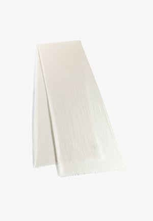 White scarf made from soft fabric. Features a plain design with a subtle texture and fringed edges. Long, rectangular shape.