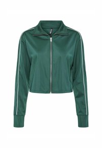 Grøn cropped jakke med lynlås i glat stof, udstyret med hvide sidelister, krave og lange ærmer med ribbede manchetter.