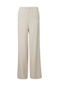 Beżowe, szerokie spodnie wykonane z gładkiego materiału. Posiadają elastyczny pas i luźny krój. Bez kieszeni i wzorów.