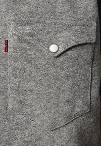 Poche en tissu en maille grise avec un rabat maintenu par un bouton-pression blanc et une petite étiquette rouge de la marque Levi's sur le côté gauche.