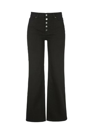 Schwarze Jeans mit weitem Bein und hohem Bund, ausgestattet mit einem vorderen Knopfverschluss, zwei seitlichen Taschen und einer glatten Oberfläche.