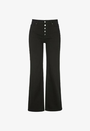 Zwarte denim flared broeken met een hoge taille, voorzien van een ritssluiting aan de voorkant, twee zijzakken en een gladde textuur.