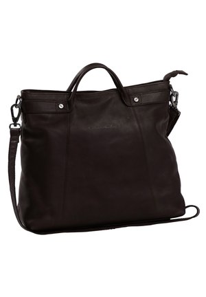 Schwarze Ledertasche mit doppelten Griffen und einem abnehmbaren Schultergurt. Besitzt eine glatte Textur und silberne Hardware-Akzente.