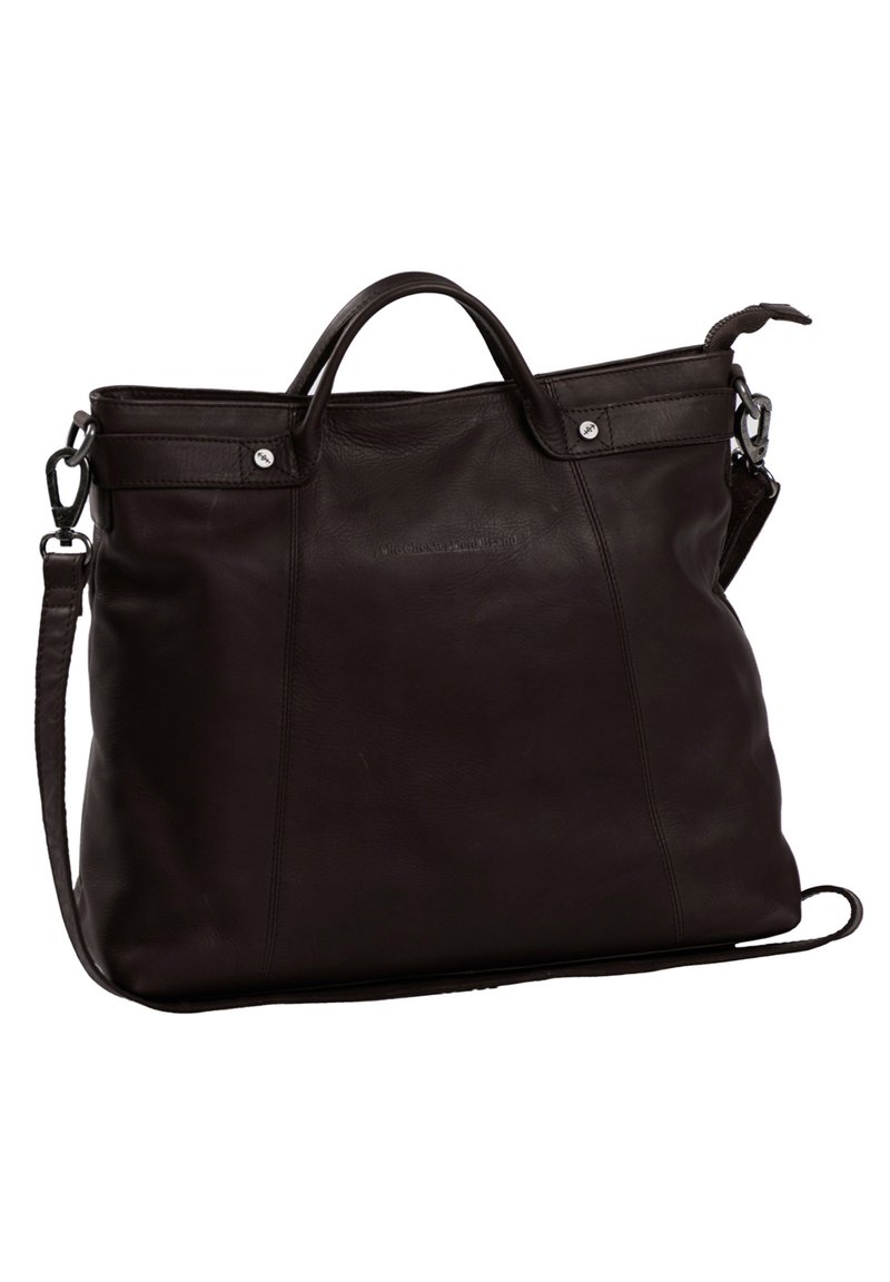 Borsa a spalla nera in pelle con manici doppi e una tracolla rimovibile. Caratterizzata da una texture liscia e dettagli in metallo argentato.