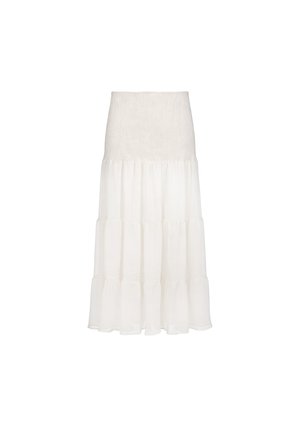 Falda midi blanca en capas con cintura alta fruncida y paneles de tela transparente y fluida.