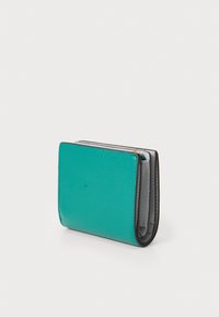 Compact wallet in turquoise pebbled leather, featuring a gray interior. Bi-fold design with visible stitching and a minimal hardware accent.