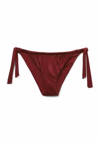 Bordó spodní díl bikin s pásky na zavazování na bocích, s hladkou texturou a nařaseným elastickým pasem pro nastavitelný střih. Bez vzorů a zdobení.