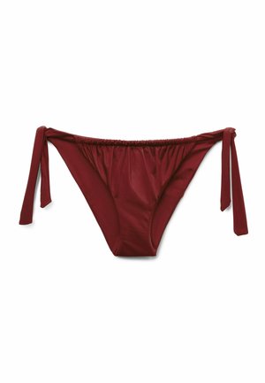 Bordó spodní díl bikin s pásky na zavazování na bocích, s hladkou texturou a nařaseným elastickým pasem pro nastavitelný střih. Bez vzorů a zdobení.