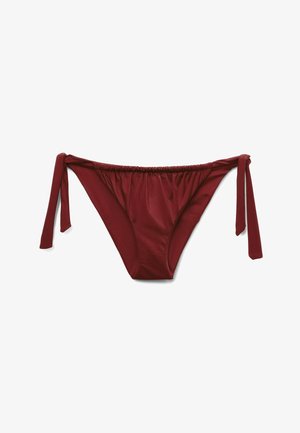 Bordó spodní díl bikin s pásky na zavazování na bocích, s hladkou texturou a nařaseným elastickým pasem pro nastavitelný střih. Bez vzorů a zdobení.
