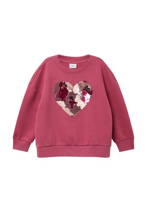 Rosa Sweatshirt mit langen Ärmeln, mit einem herzförmigen Design aus mehrfarbigen Pailletten in der Mitte. Gerippter Kragen und Bündchen.