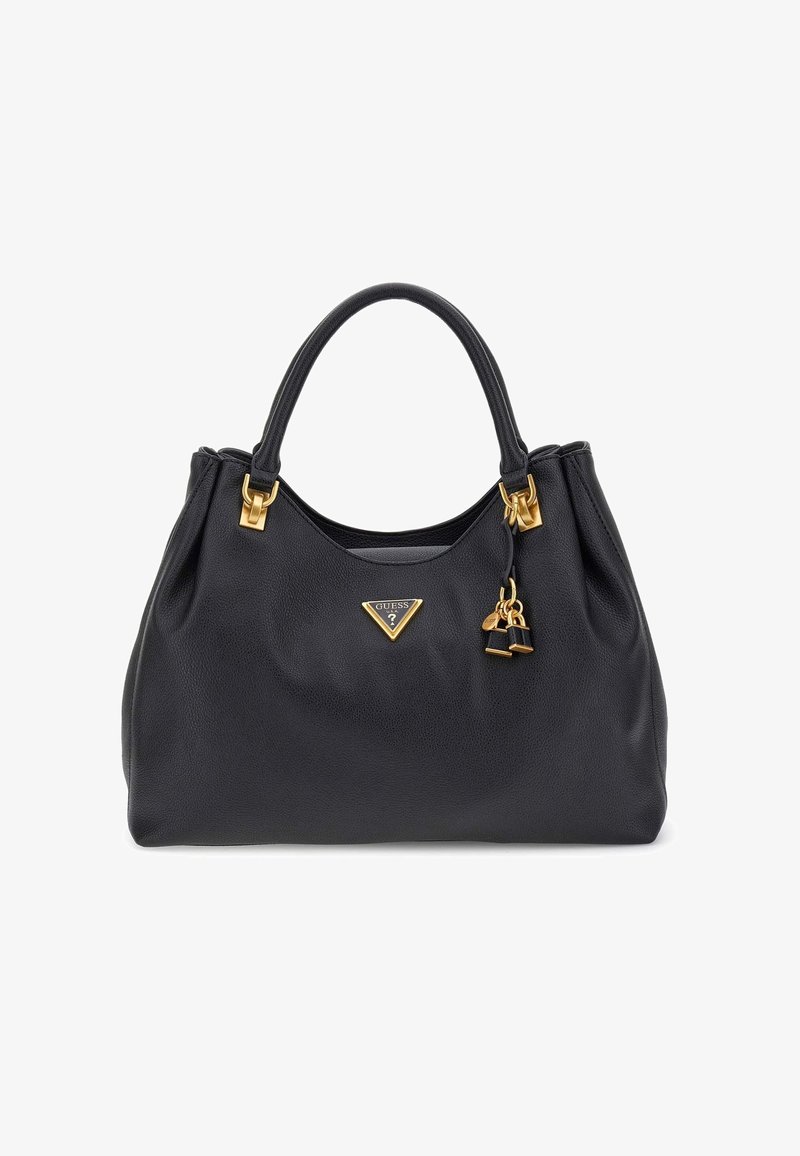 Sac à main en cuir noir avec des ferrures dorées, double poignées, petits charms décoratifs et un logo Guess triangulaire au centre avant.