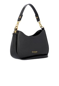 Sac à bandoulière en cuir noir avec quincaillerie dorée, une seule sangle et petit logo doré "remonte Since 1876" à l'avant.