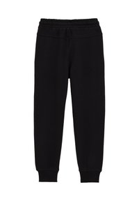 Zwarte joggingsbroek van zacht materiaal, met een elastische tailleband, taps toelopende pijpen en ribgebreide boorden bij de enkels. Eenvoudig ontwerp zonder patronen.
